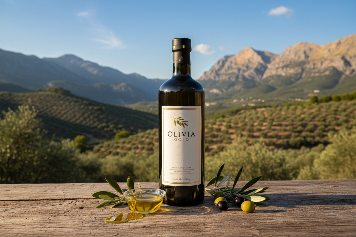 Olivenöl Flasche  auf dem Tisch draußen mit Sonnigen Berge im Hintergrund
