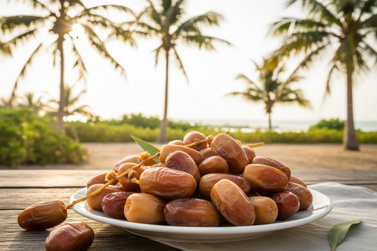 Teller frischer Datteln draußen mit Palme im Hintergrund